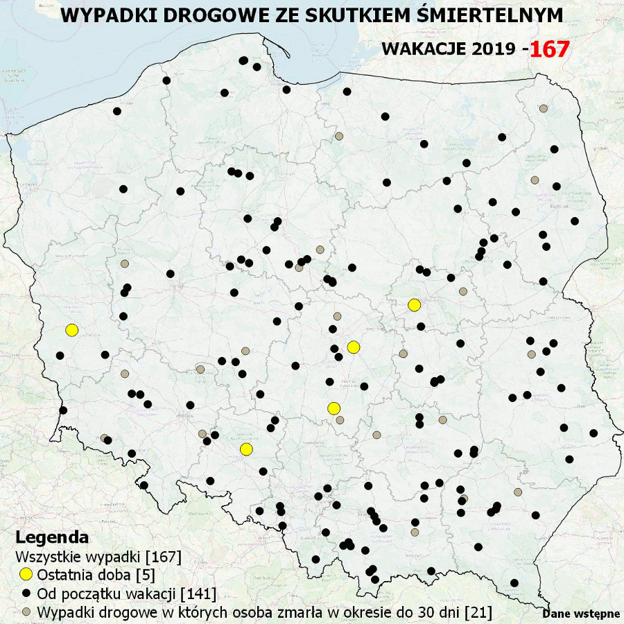 Mapa Polski z zaznaczonymi miejscami gdzie doszło do wypadków drogowych ze skutkiem śmiertelnym od początku wakacji.