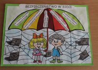 plakat, który zwyciężył w konkursie. Na plakacie przedstawiona jest dwójka dzieci, pajęczyna, parasol, a którym przedstawione są treści dotyczące jak należy się zachowywać aby uniknąć cyberzagrożeń
