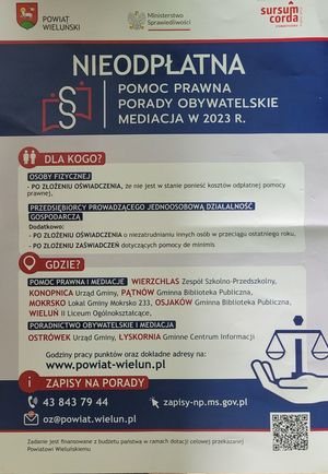 plakat z informacjami gdzie można uzyskać nieodpłatną pomoc prawną