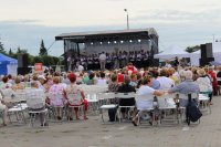 kolorowe zdjęcie przedstawiające scenę i zgromadzonych uczestników na Wojewódzkich Dniach Seniora na targowisku miejskim w Wieluniu