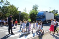 zdjęcie przedstawiające  policjantów i dzieci na drodze przechodzących przez przejście dla pieszych