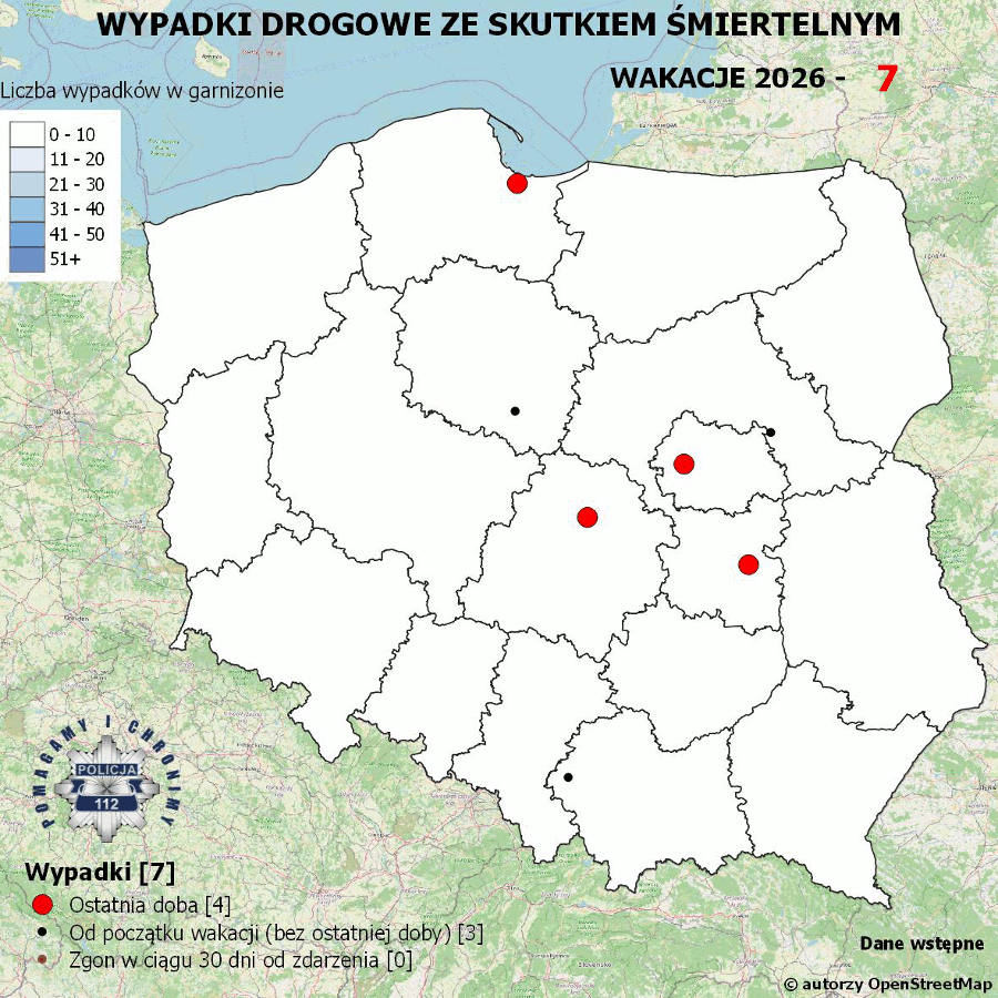Mapa prezentująca liczbę wypadków poprzedniej doby w Polsce. Prezentowane dane są dostępne w tekście poniżej.