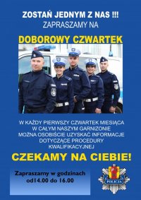 plakat przedstawiający policjantów oraz informacje dotyczące organizowanych przez komendy w całym województwie łódzkim doborowych czwartków w każdy pierwszy czwartek miesiąca
