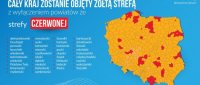 plakat informujący o objęciu całej Polski strefą żółtą. Przedstawia mapę Polski z podziałem na powiaty na których zaznaczone są  powiatu objęte strefą czerwoną. Na dole mapy również wypisane są powiaty gdzie wprowadzona zostanie strefa czerwona.