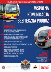 plakat przedstawiający autobus i tramwaj oraz napisy:Bezpieczeństwo to nasza wspólna sprawa. Wspólna komunikacja bezpieczna podróż. Pamiętaj:przestrzegaj zasad obowiązujących w miejscach publicznych.Ustępuj miejsca potrzebującym. Nie słuchaj głośno muzyki, nie prowadź głośnych rozmów przez telefon. Zachowaj czystość i porządek. Bądź czujny i ostrożny kieszonkowcy nie śpią.Nie stwarzaj zagrożenia. Nie tolerują wandalizmu.