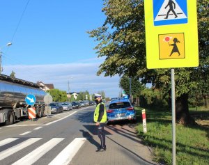 umundurowany policjant stoi przy przejściu dla pieszych w tle radiowóz i przejeżdżające auta