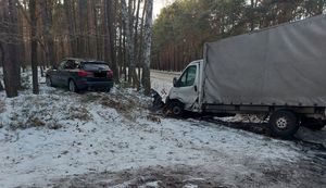 droga gdzie przy rowie  w lesie znajdują się pojazdy które uczestniczyły w zdarzeniu drogowym, z boku stoją pojazdy służb ratunkowych