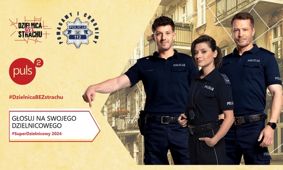 Plakat przedstawiający aktorów -policjantów z serialu Dzielnica bez strachu. Loga partnerów plebiscytu. Napis głosuj na swojego dzielnicowego.