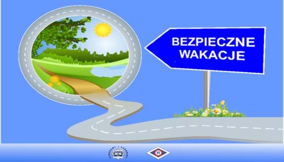 Grafika przedstawiająca krajobraz, drogę oraz znak na którym jest napis Bezpieczne Wakacje.