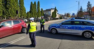 Policjanci umundurowani stoją przy drodze nadzorują ruch z boku stoi radiowóz.