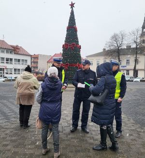 Policjanci wręczają przechodniom długopisy i elementy odblaskowe.