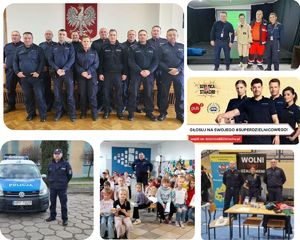 Kolaż zdjęć przedstawiający dzielnicowych wieluńskiej jednostki Policji, jak biorą udział w spotkaniach ze społeczeństwem.