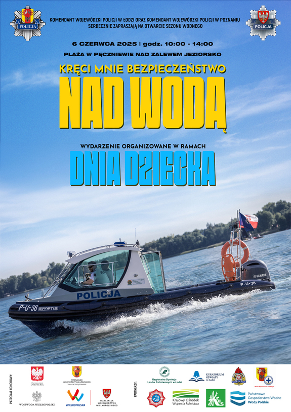 Plakat pikniku profilaktycznego. Łódź motorowa płynąca po jeziorze.