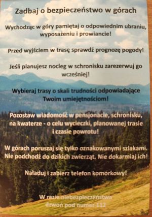Ulotka z informacjami dotyczącymi bezpiecznych wycieczek górskich.