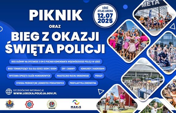 Plakat informujący o pikniku i biegu z okazji święta policji.