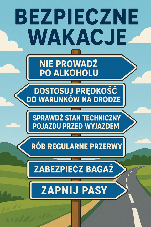 Plakat z poradami dotyczącymi bezpieczeństwa na drodze.