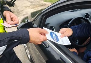 Policjant wręcza ulotkę kierowcy przez otwartą szybę.
