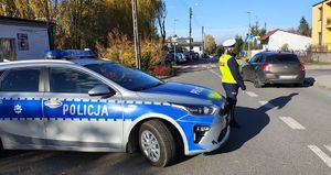 Policjantka stoi na drodze przy radiowozie, drogą przejeżdża samochód.