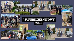 Kolaż zdjęć ukazujący dzielnicowych na pogadankach i piknikach.