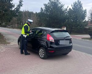 Policjant prowadzi kontrolę pojazdu.
