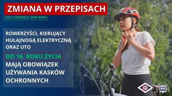 Dziewczyna zapina kas, obok napisy: zmiana przepisów, rowerzyści, osoby do 16 roku życia  poruszające się na hulajnogach oraz UTO od 3 czerwca 2026 roku są zobowiązane do używania kasku ochronnego.