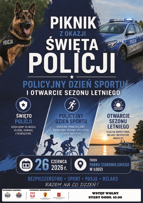 Plakat pikniku z okazji Święta Policji, po bokach pies policyjny oraz radiowóz. Na środku napis wydarzenia oraz jego program.