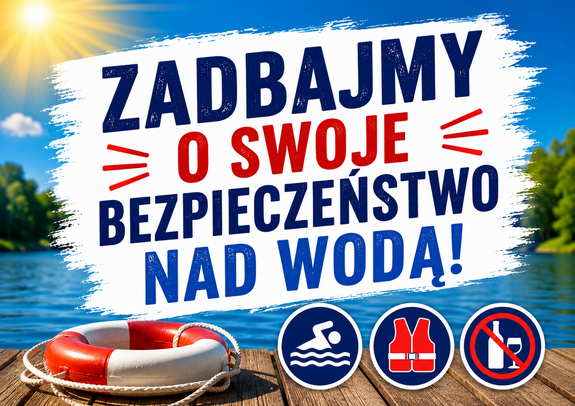 Plakat z napisem zadbajmy o swoje bezpieczeństwo nad wodą. W tle woda, pomost, koło ratunkowe oraz znaki kamizelki ratunkowej, pływającej osoby oraz przekreślonego butelki i kieliszka.