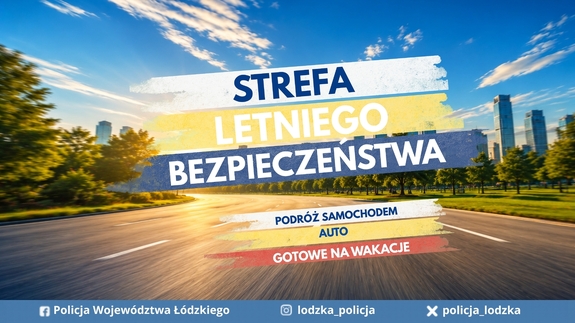 Droga oraz zabudowania oraz napis strefa letniego bezpieczeństwa. Podróż samochodem- auto gotowe na wakacje.