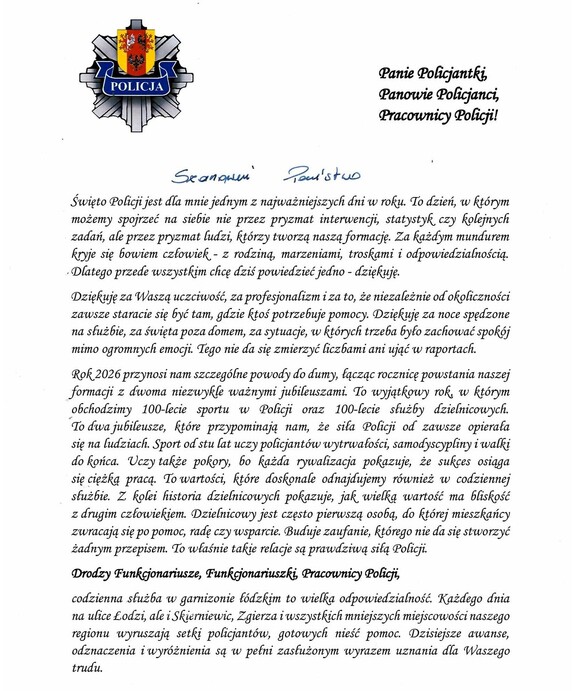 Treść życzeń z Okazji Święta Policji Komendanta Wojewódzkiego Policji w Łodzi.