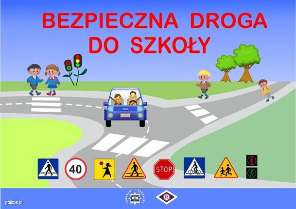 Grafika przedstawiająca drogi, jadące auto, przejście dla pieszych, stojące przy nim dzieci. Przy drogach ustawione są sygnalizacje świetlne oraz znaki drogowe. Na dole obrazka znaki drogowe: przejście dla pieszych, sygnalizację świetlną, znak stop, ograniczenie prędkości do 40.