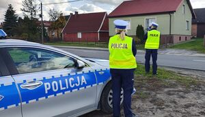 Radiowóz, przy którym stoi policjantka. Z kolei policjant mierzy prędkość na drodze.