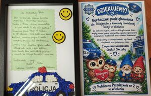 Dwa podziękowania przygotowane przez dzieci dla policjantów z wieluńskiej komendy za przeprowadzona pogadankę.