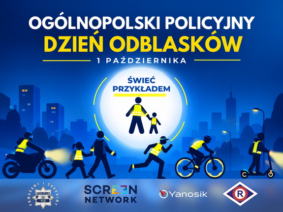 Grafika kampanii Ogólnopolski policyjny dzień odblasków, kampania Święć Przykładem.Miasto nocą, pieszy, jadący na rowerze, hulajnodze w kamizelkach odblaskowych.