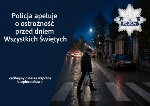 Zmierzch, ulica na której widać w oddali światła pojazdów, na pierwszym planie pieszy przechodzący przez przejście pieszych. Napi Policja apeluje o o ostrożność przed dniem Wszystkich Świętych. Zadbajmy o nasze wspólne bezpieczeństwo.
